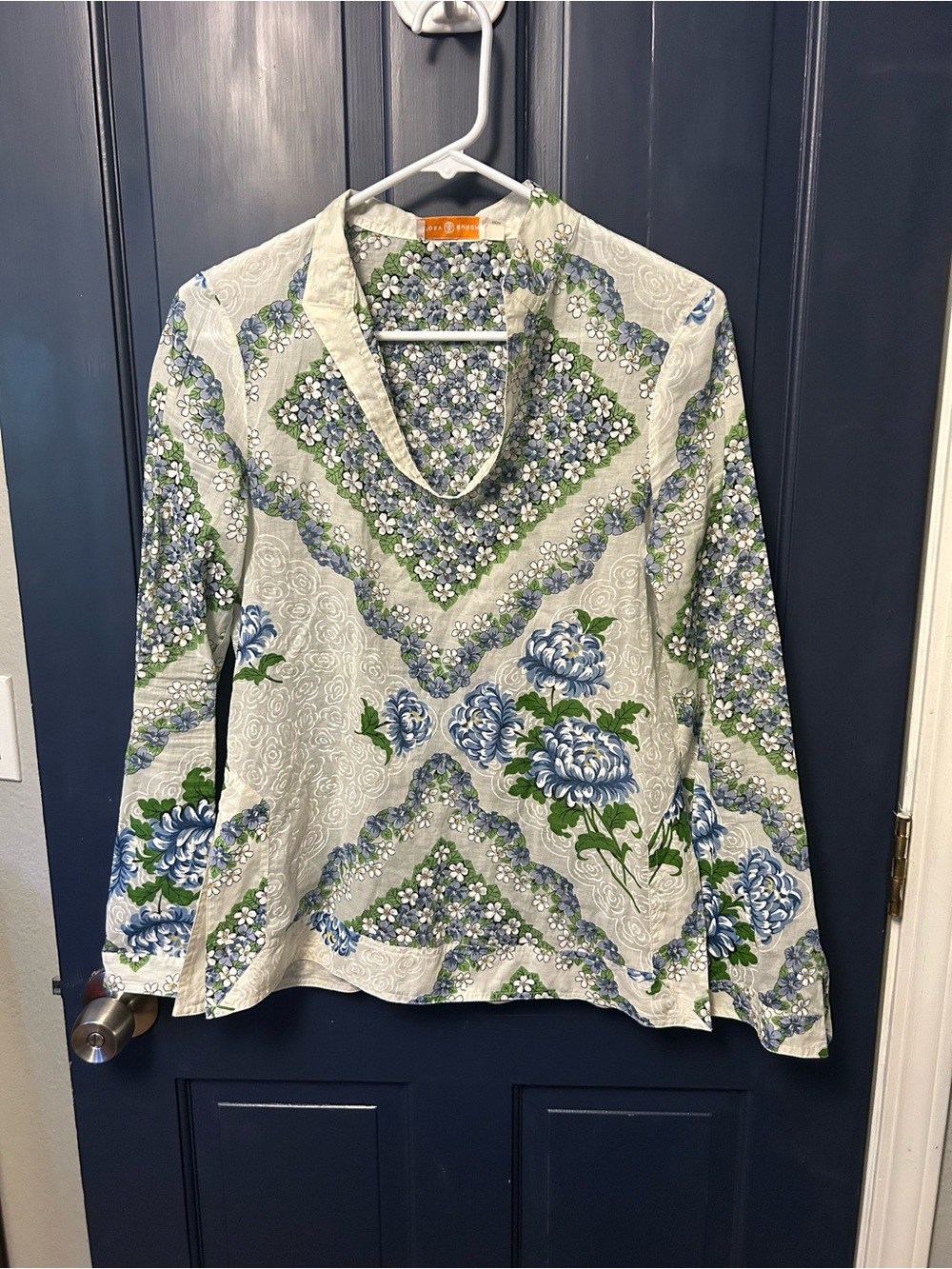 Tory Burch Blue & Green Floral V-Neck Tunic
